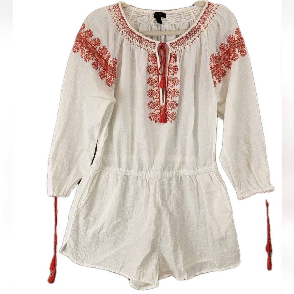 J. Crew Romper M White Pheasant Boho Milkmaid Hippie Beach Cottagecore Gausey